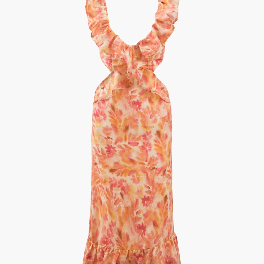 Commense Floral Print V-Neck Ruffle Tie Back Maxi Dress Orange Pink X-Small